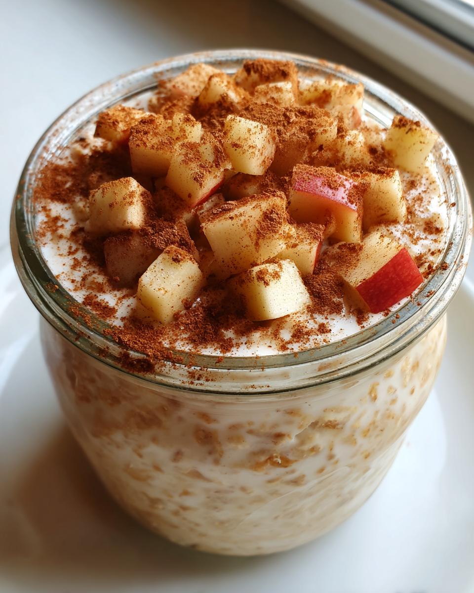 Close-up of apple cinnamon overnight oats in a glass jar, topped with diced red apples and cinnamon powder.