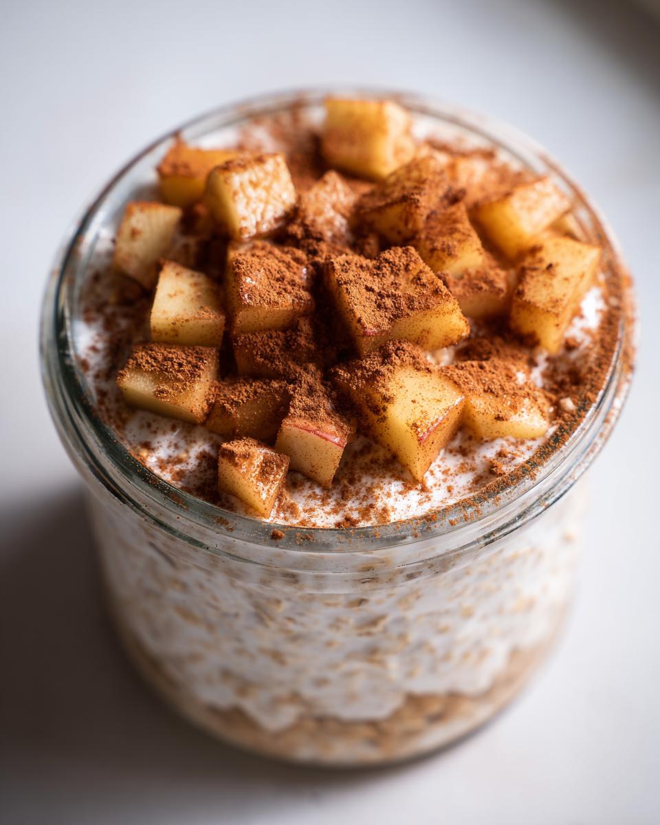 Close-up of apple cinnamon overnight oats in a glass jar, topped with diced apples and cinnamon powder.