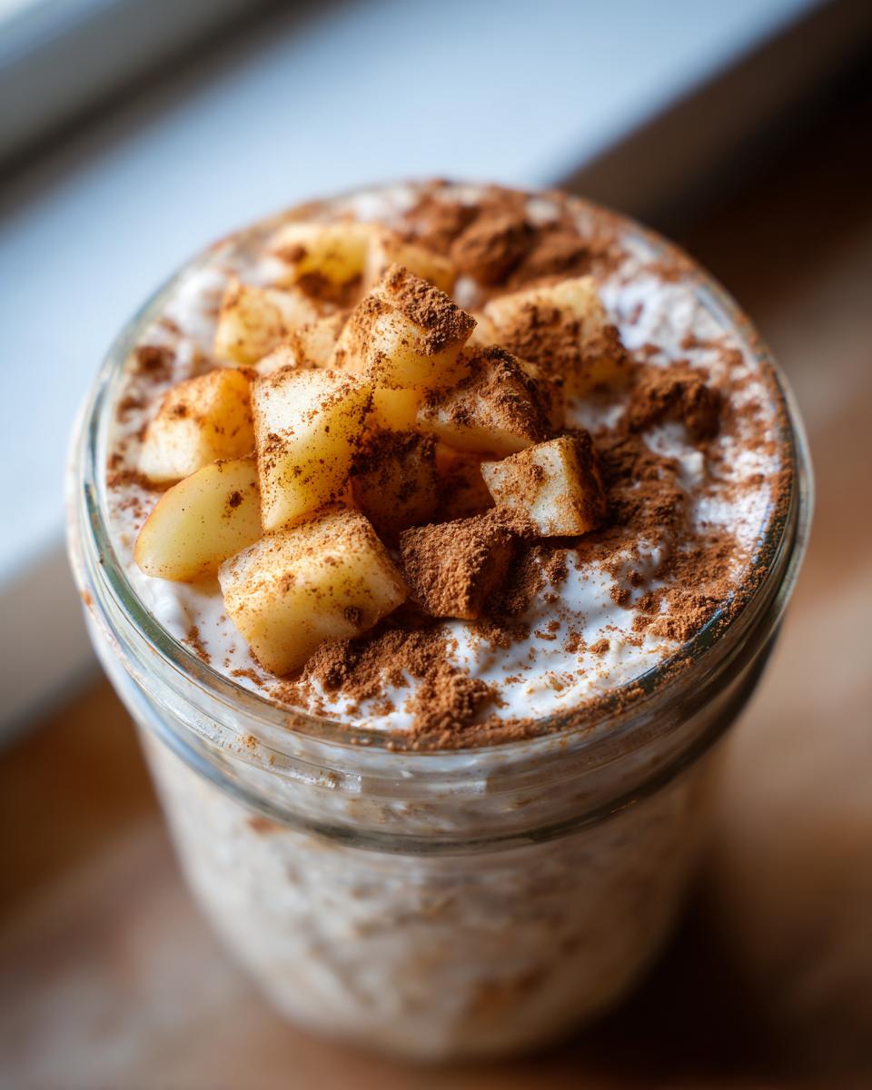 Overhead view of apple cinnamon overnight oats topped with diced apples and a heavy dusting of cinnamon.