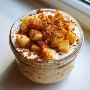Close-up of apple cinnamon overnight oats topped with yogurt, diced apples, and a generous sprinkle of cinnamon.