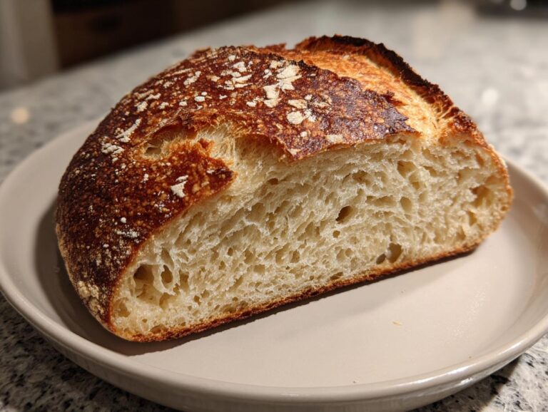 A close-up view of a freshly baked artisan bread loaf, sliced open to show the airy, open crumb structure and dark, crusty exterior.