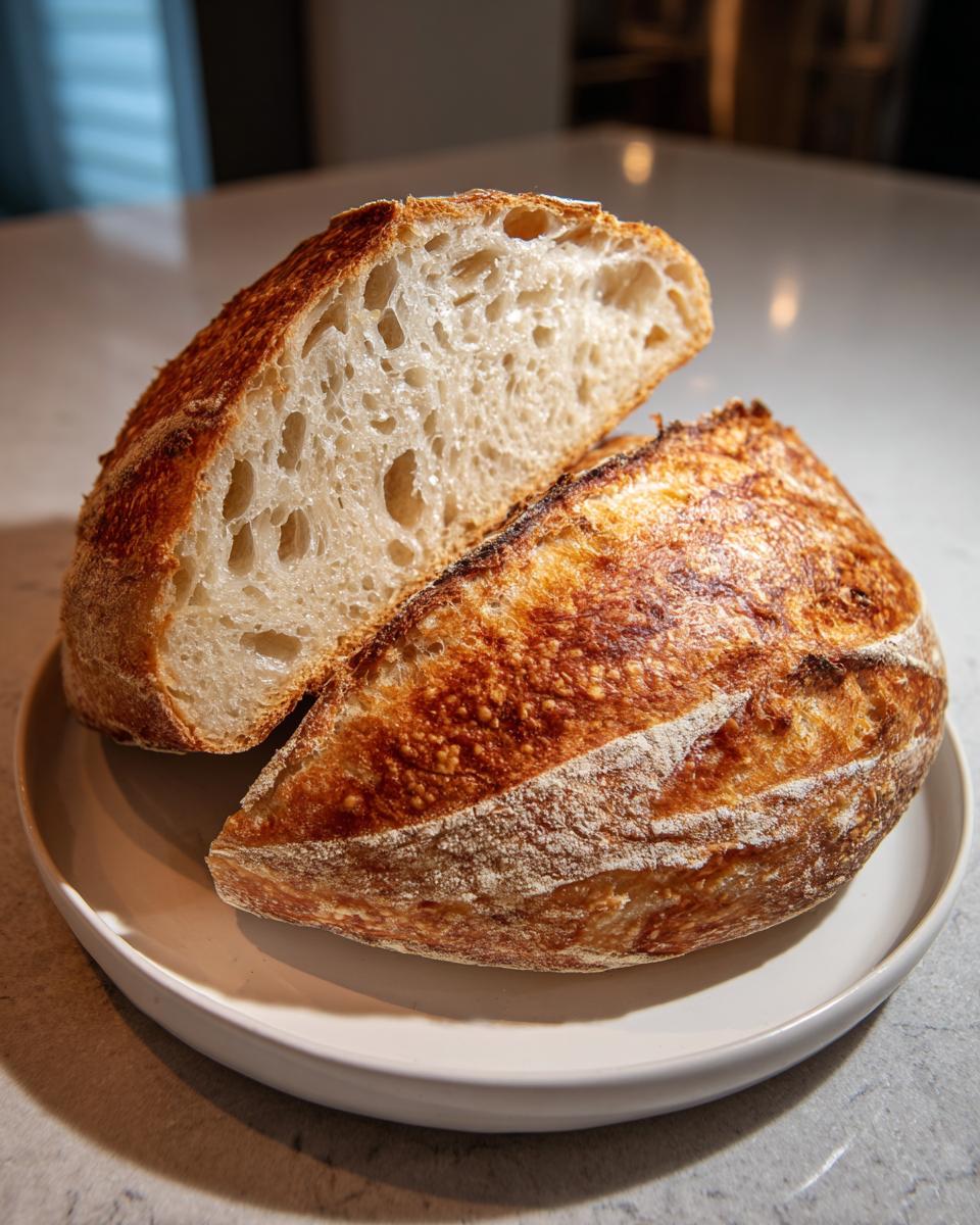 A loaf of artisan bread cut in half showing the open, airy crumb structure and dark, crusty exterior.