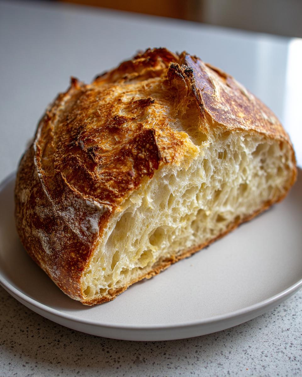 Close-up of a freshly baked artisan bread loaf, cut open to show the open, airy crumb structure.