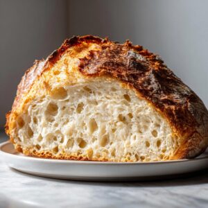 Close-up of a freshly baked artisan bread loaf, cut in half to show the open, airy crumb structure.