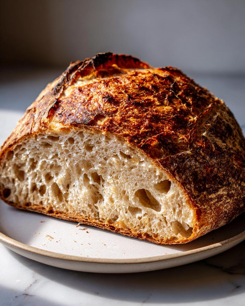 Close-up of a freshly baked artisan bread loaf cut in half, showing a beautiful open crumb structure.