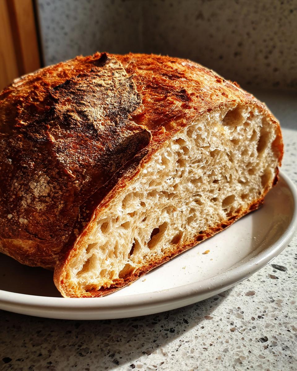 A close-up of a freshly baked artisan bread loaf, sliced to show the open, airy crumb structure.