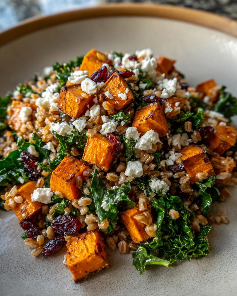 A close-up of a hearty farro salad featuring roasted sweet potato cubes, kale, feta cheese, and dried cranberries.