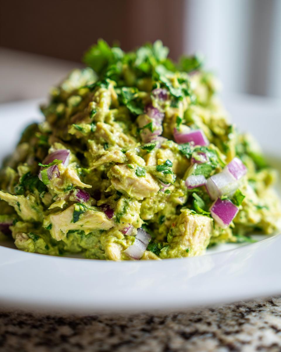 A mound of creamy avocado chicken salad mixed with chunks of chicken, red onion, and cilantro on a white plate.