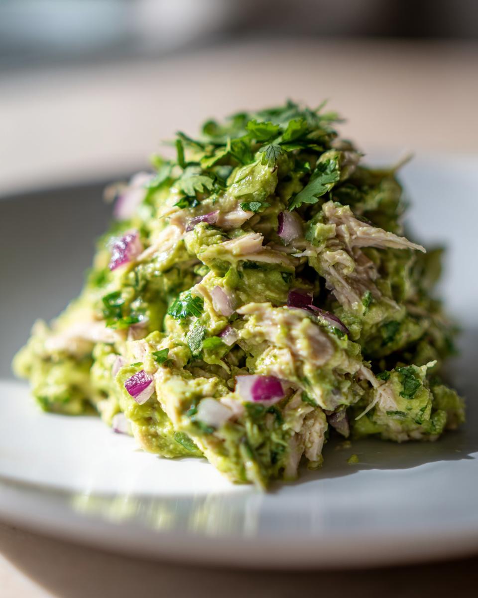 A mound of creamy avocado chicken salad mixed with shredded chicken, red onion, and topped with fresh cilantro.