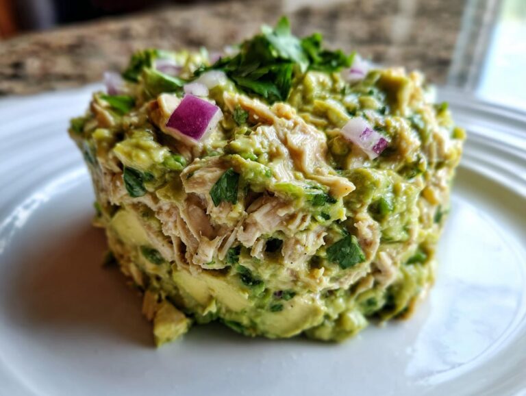 A molded serving of creamy avocado chicken salad topped with diced red onion and cilantro.