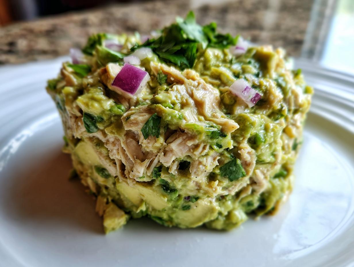 A molded serving of creamy avocado chicken salad topped with diced red onion and cilantro.