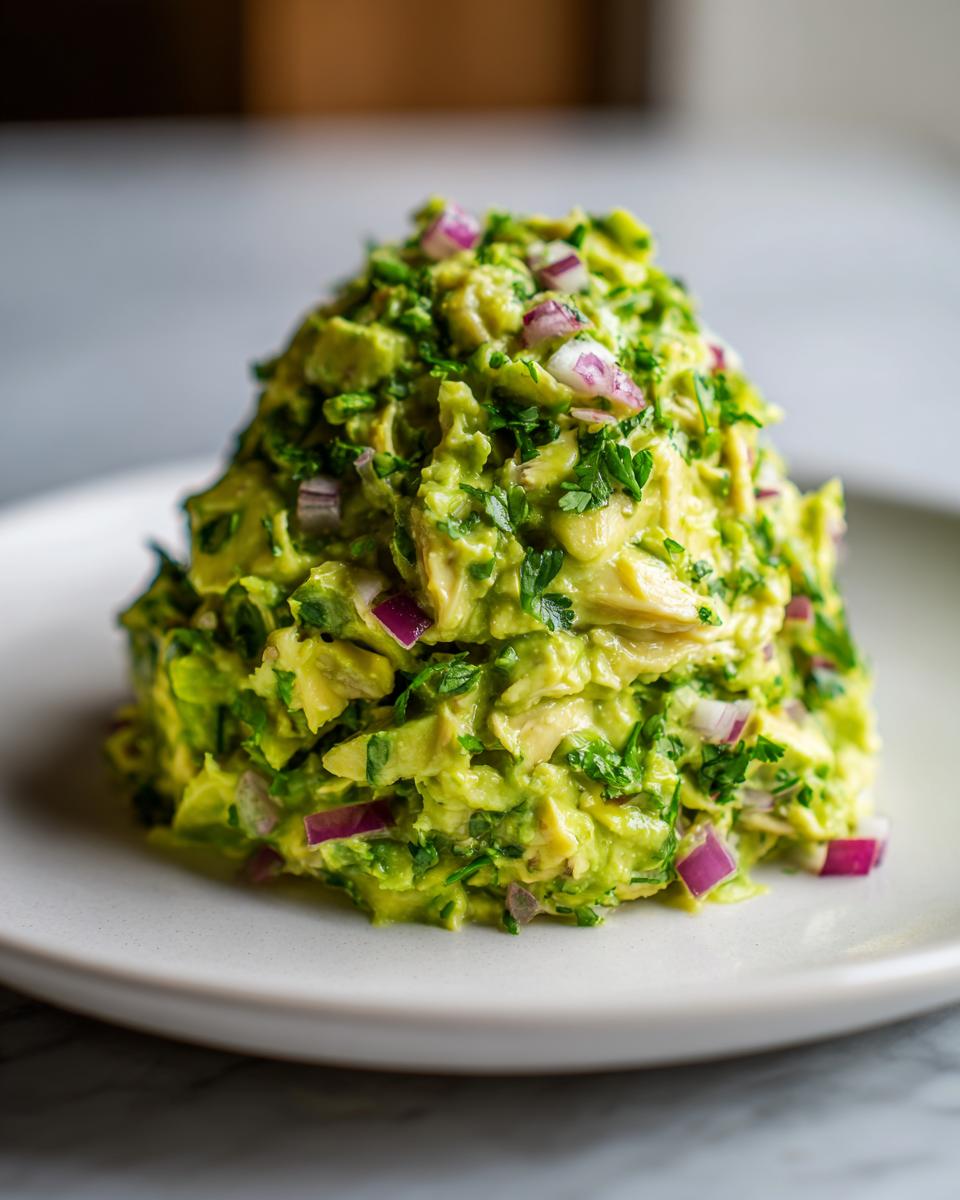 A mound of bright green avocado chicken salad mixed with red onion and cilantro on a light plate.