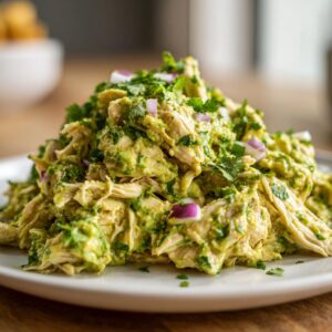 A close-up of a fresh mound of avocado chicken salad topped with chopped cilantro and red onion pieces.