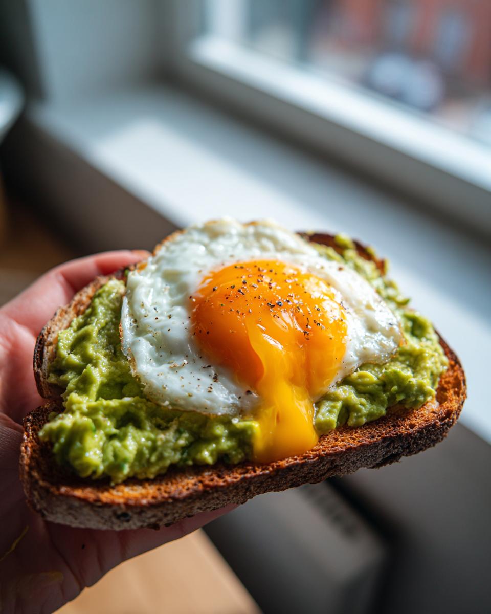 Hand holding a slice of toasted bread topped with mashed avocado and a sunny-side-up egg for avocado toast.
