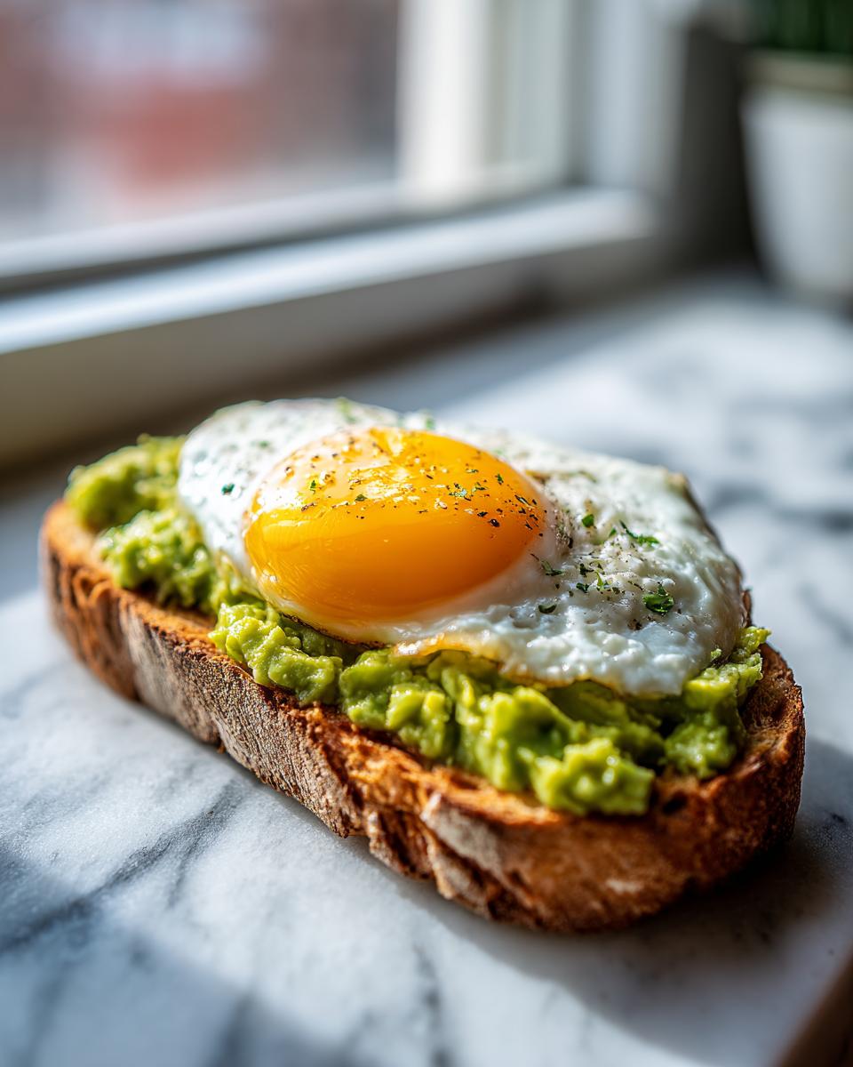 Close-up of delicious avocado toast topped with a sunny-side-up fried egg and seasoning.