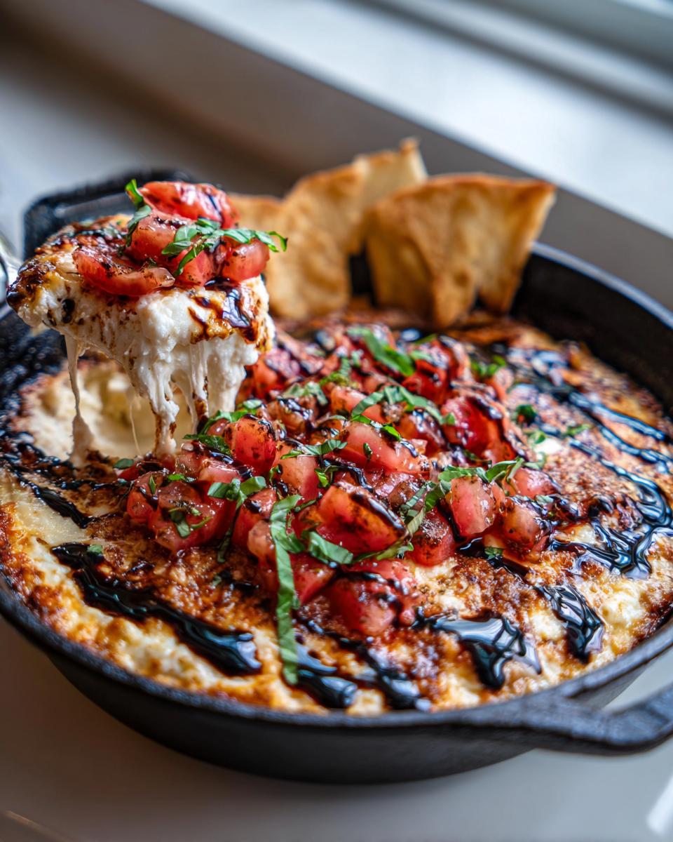 A spoonful of hot, melted cheese is pulled from a baked bruschetta dip topped with tomatoes and balsamic glaze.