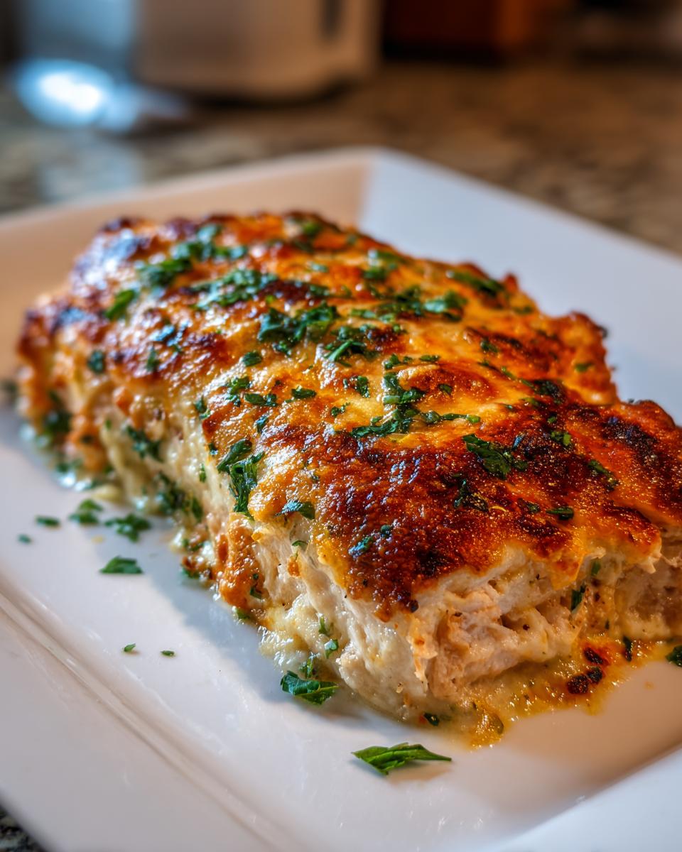 A close-up of baked caesar chicken topped with melted, browned cheese and fresh parsley.