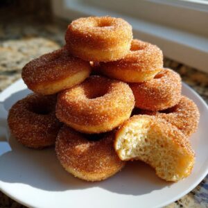 A stack of freshly baked mini donuts coated in cinnamon sugar, with one donut showing a bite taken out.
