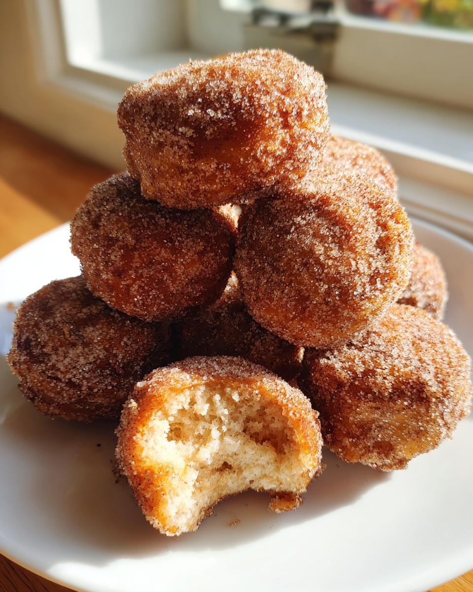 A stack of golden brown, sugar-coated baked mini donuts, with one bitten open showing the soft interior.