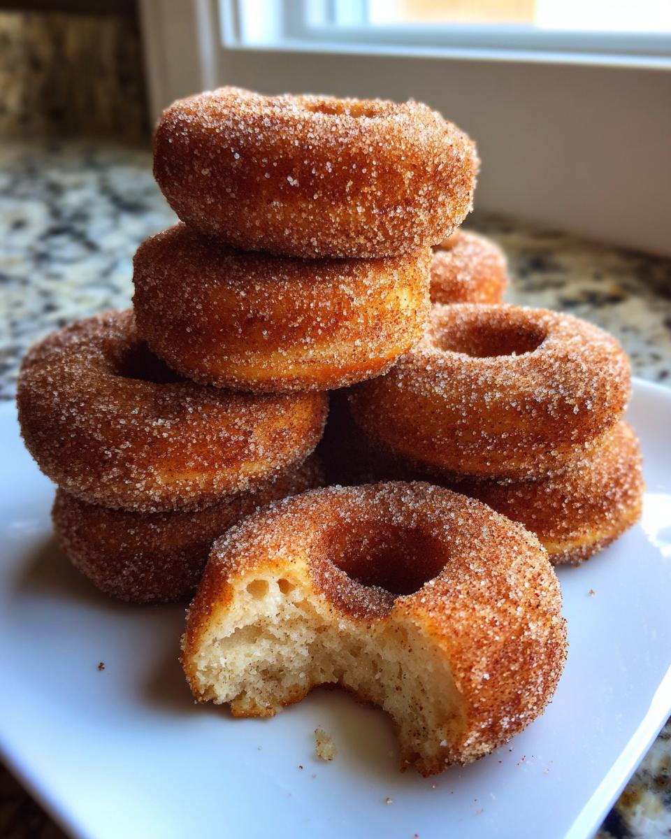 A stack of freshly baked mini donuts coated in cinnamon sugar, with one donut having a bite taken out.