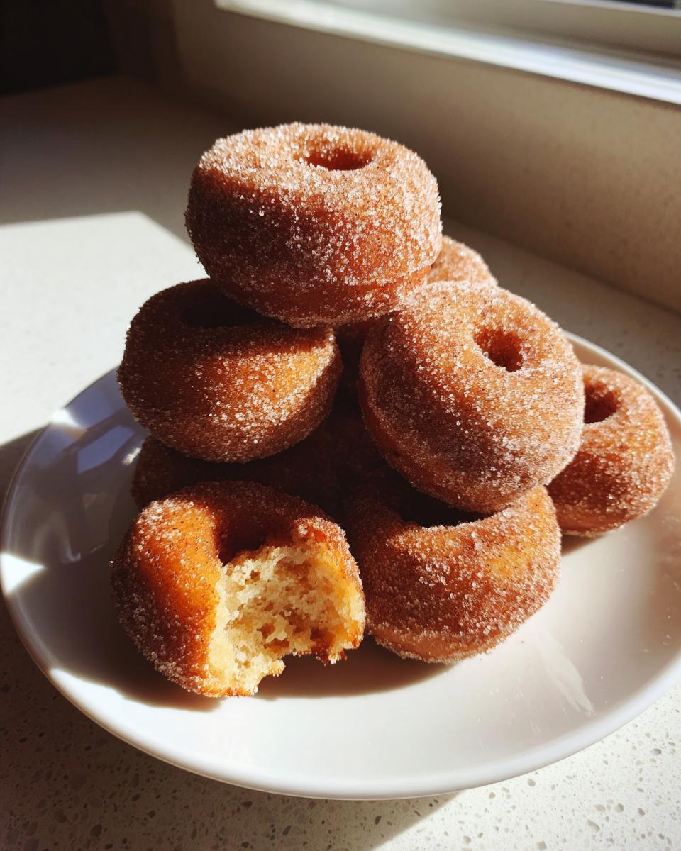 A stack of warm, baked mini donuts coated in cinnamon sugar, with one donut having a bite taken out.