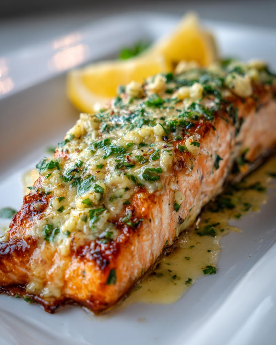 Close-up of a perfectly cooked baked salmon recipe fillet topped with melted garlic butter and fresh parsley.