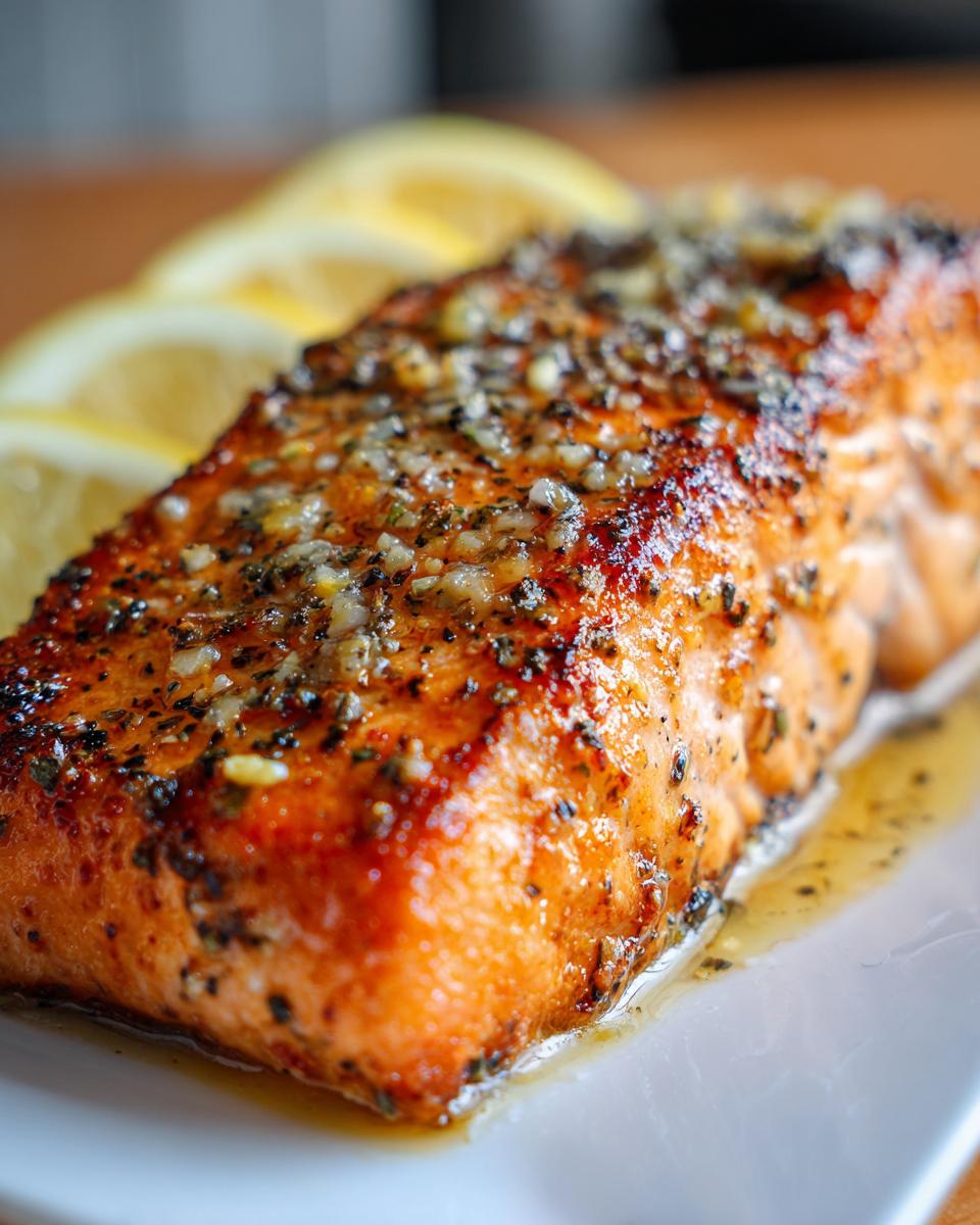 Close-up of a beautifully glazed and seasoned fillet from a baked salmon recipe, served with lemon slices.