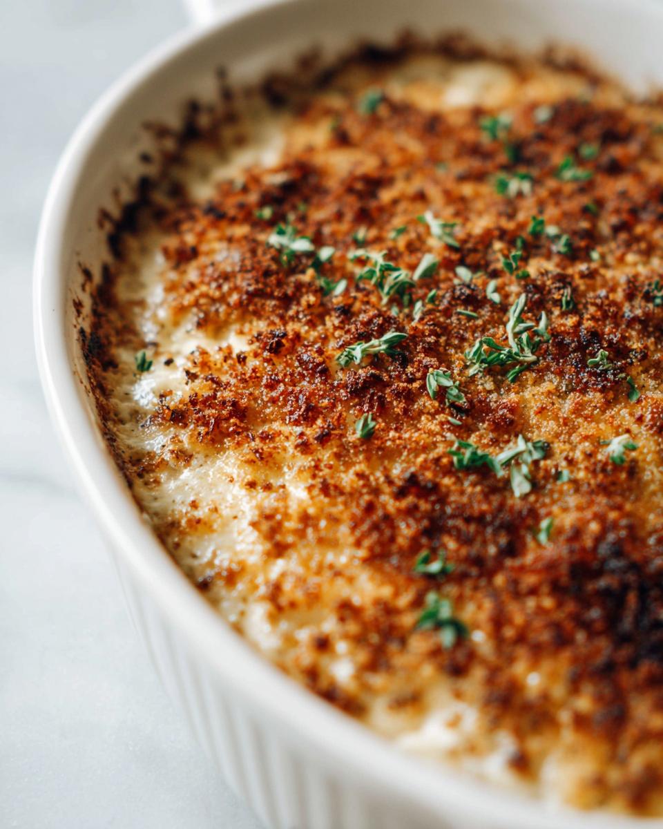 Close-up of a creamy, baked stuffed mushroom dip topped with golden brown breadcrumbs and fresh thyme.