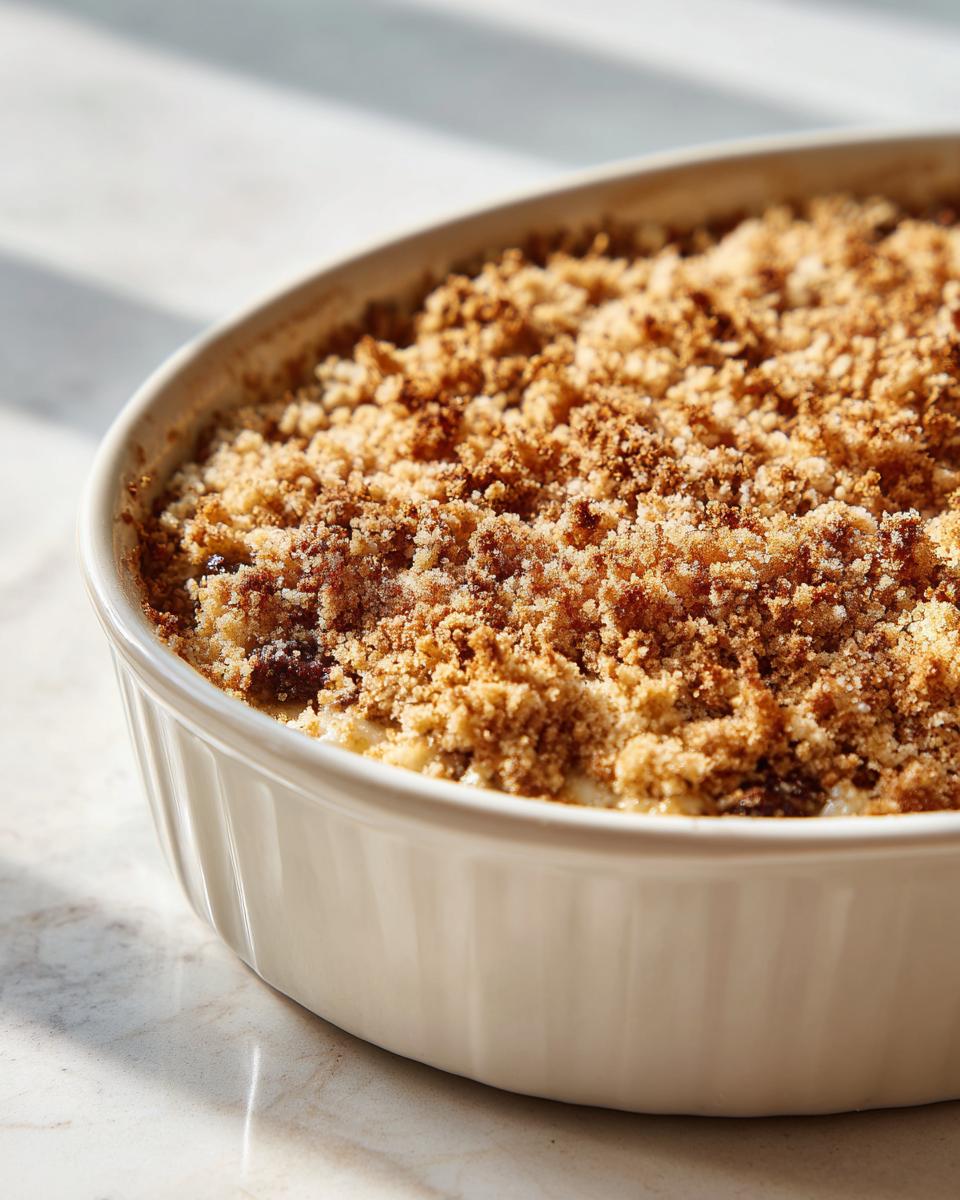 Close-up of a baked stuffed mushroom dip in a white oval dish, featuring a golden brown, crumbly topping.