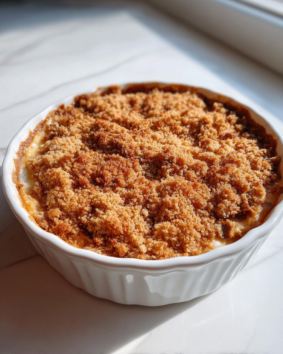 A baked stuffed mushroom dip in a white ramekin, topped with a golden brown, crispy crumb topping.