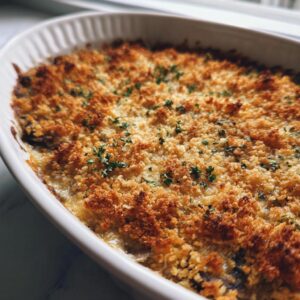Close-up of a hot, bubbly stuffed mushroom dip with a golden brown, crispy breadcrumb topping and fresh herbs.