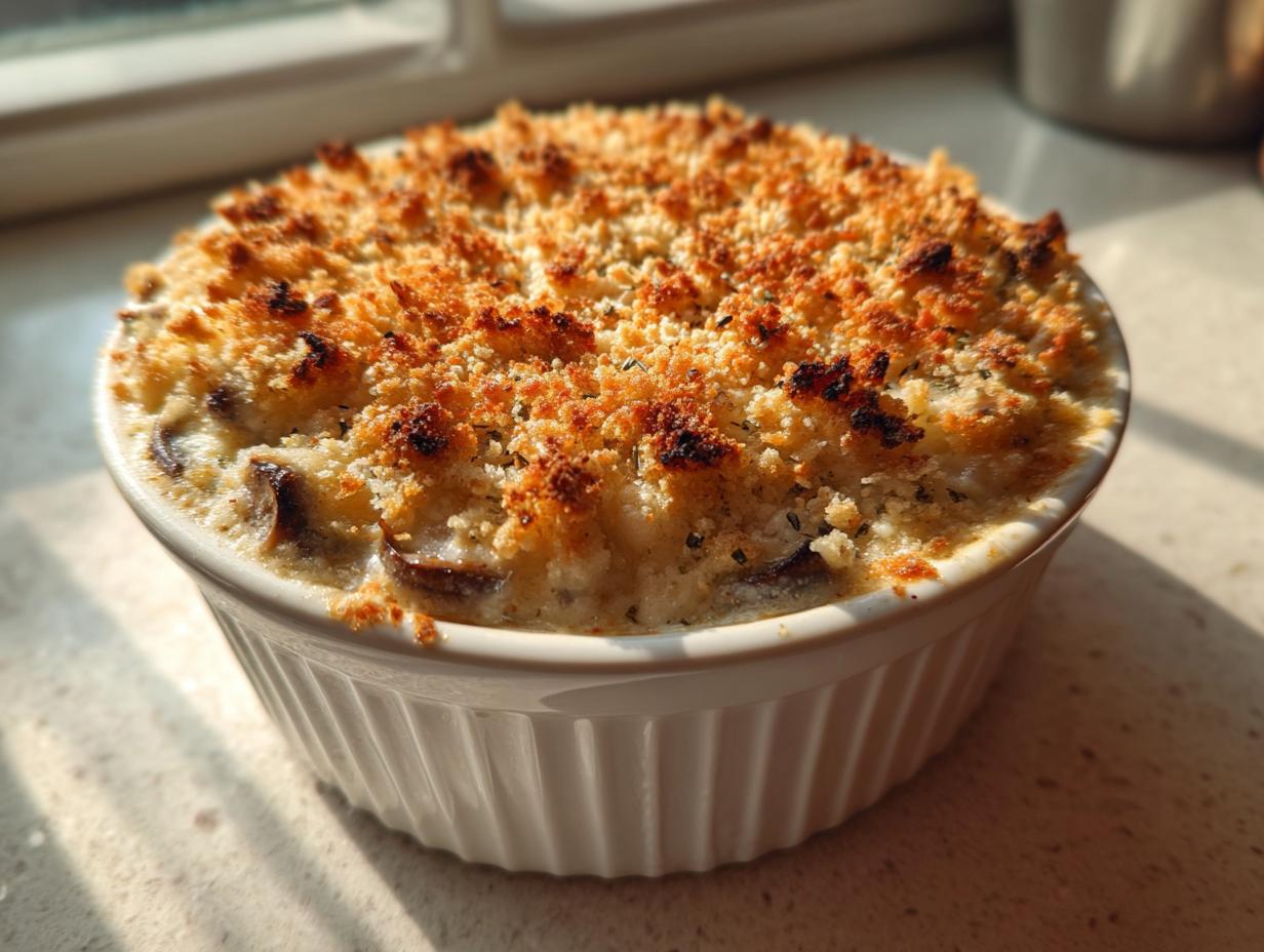 Close-up of a baked stuffed mushroom dip with a golden, crispy breadcrumb topping in a white ramekin.