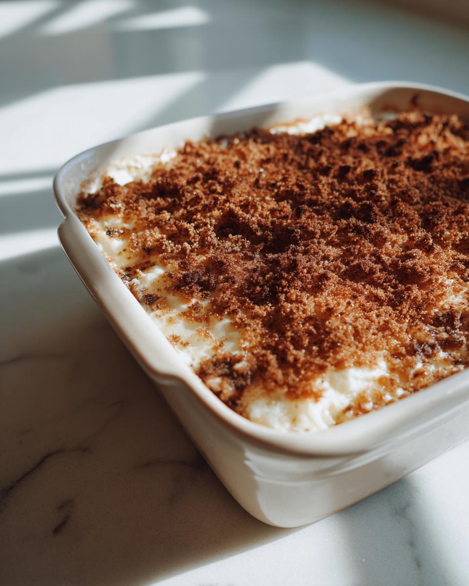 Close-up of baked stuffed mushroom dip in a white dish with a rich, browned crumb topping.