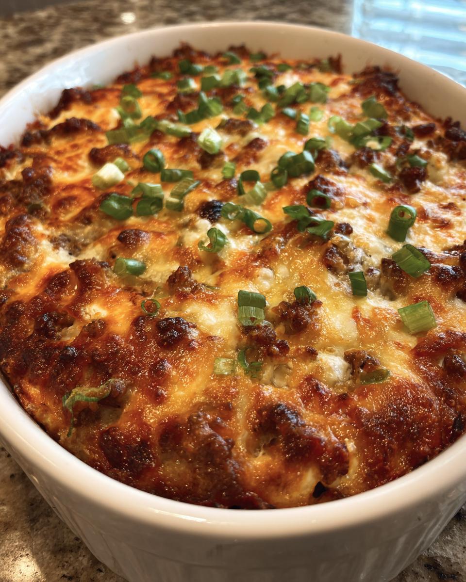 Close-up of baked Texas Trash Dip with browned cheese and green onion garnish in a white dish.