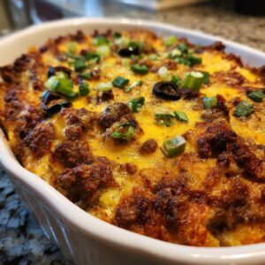 Close-up of baked Texas Trash Dip in a white dish, topped with browned meat, melted cheddar, black olives, and green onions.