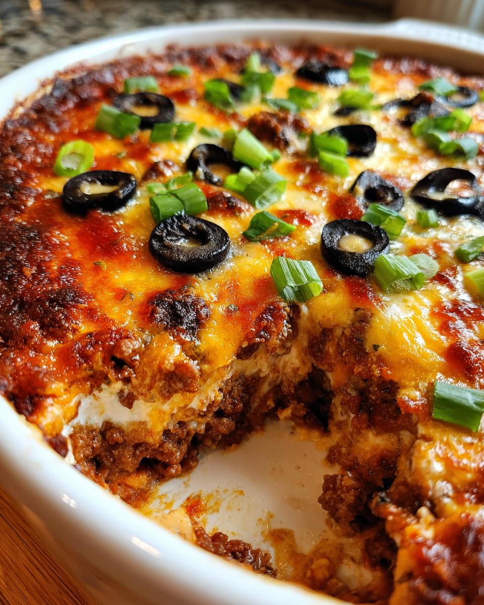 A scoop has been taken out of the hot, cheesy Texas Trash Dip, showing layers of meat and cream cheese, topped with melted cheese, black olives, and green onions.