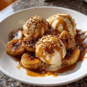 Three scoops of vanilla ice cream topped with caramel sauce and nuts served with caramelized bananas in this Bananas Foster dessert.