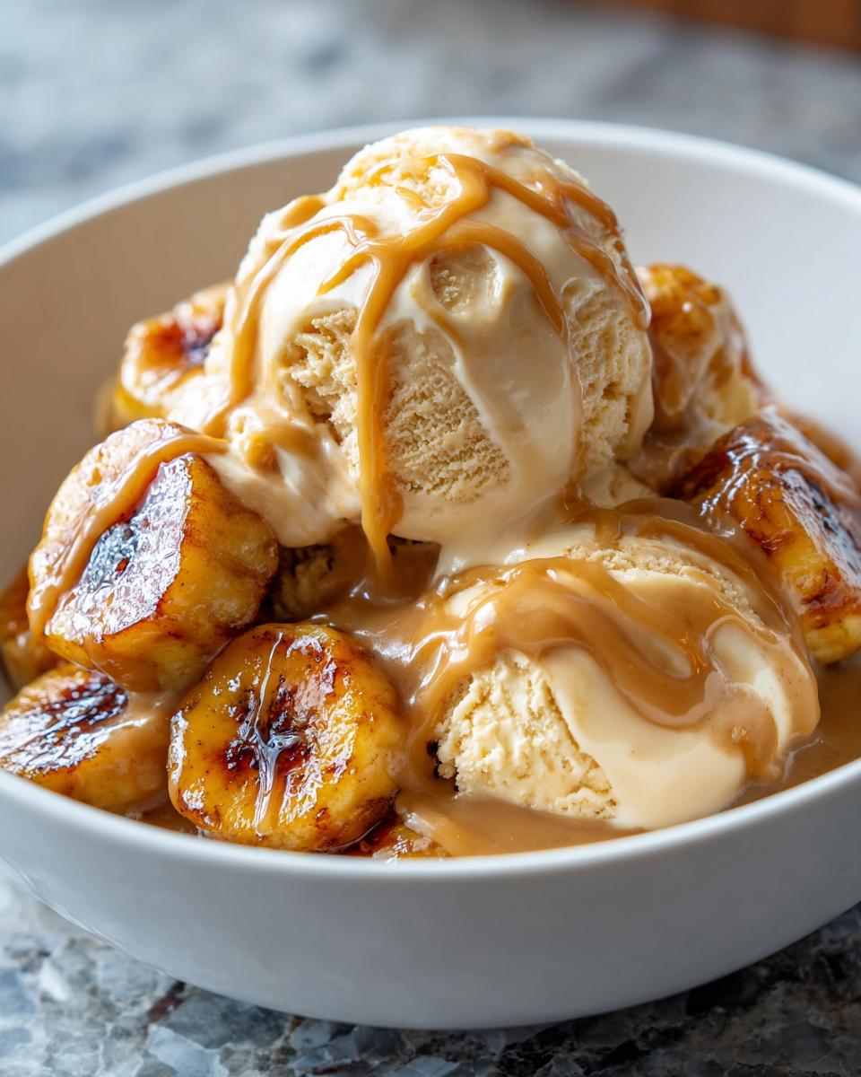 Close-up of warm Bananas Foster served with scoops of vanilla ice cream drizzled in caramel sauce.