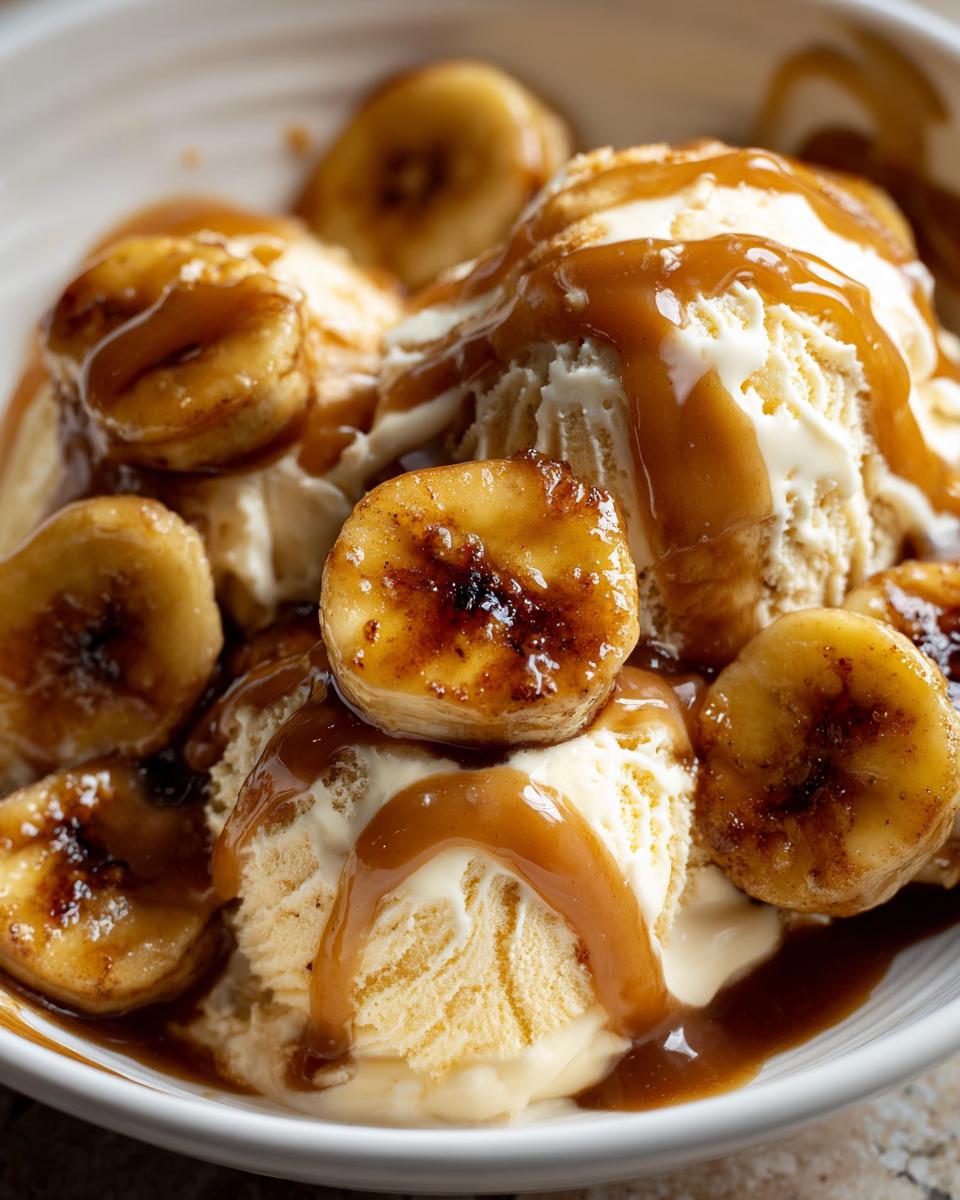 Close-up of vanilla ice cream scoops topped with caramelized bananas and rich caramel sauce, classic Bananas Foster dessert.