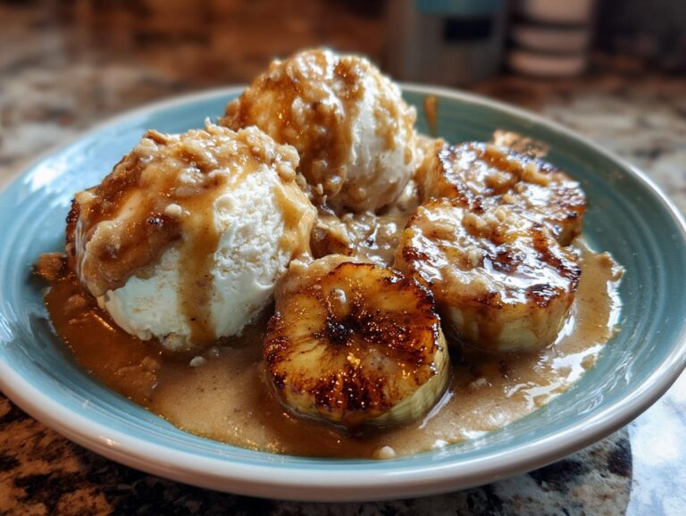 Close-up of Bananas Foster featuring caramelized banana slices and vanilla ice cream drenched in rich caramel sauce.