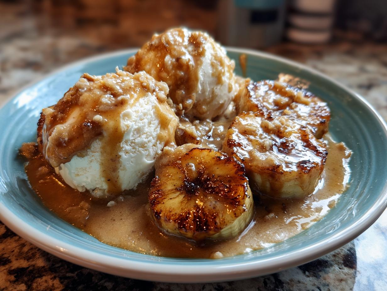 Close-up of Bananas Foster featuring caramelized banana slices and vanilla ice cream drenched in rich caramel sauce.