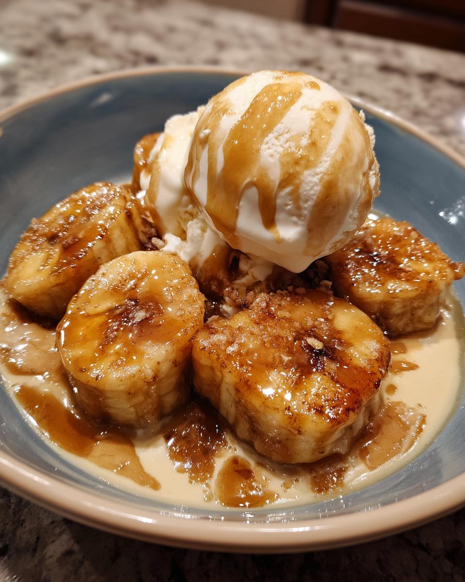 Close-up of caramelized bananas foster slices topped with vanilla ice cream and caramel sauce.