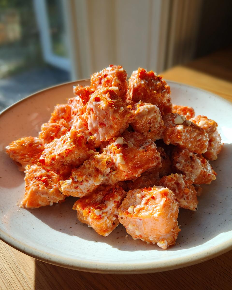 Close-up of bite-sized pieces of salmon coated in creamy, spicy sauce, served as Bang Bang Salmon Bites.