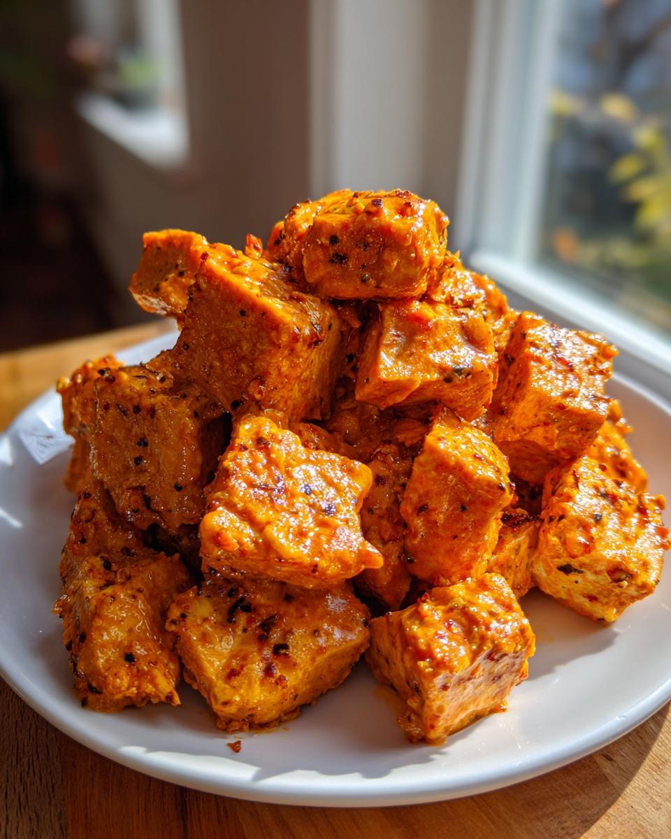 A pile of cubed, saucy Bang Bang Salmon bites coated in a vibrant orange glaze with visible spice flakes, served on a white plate.