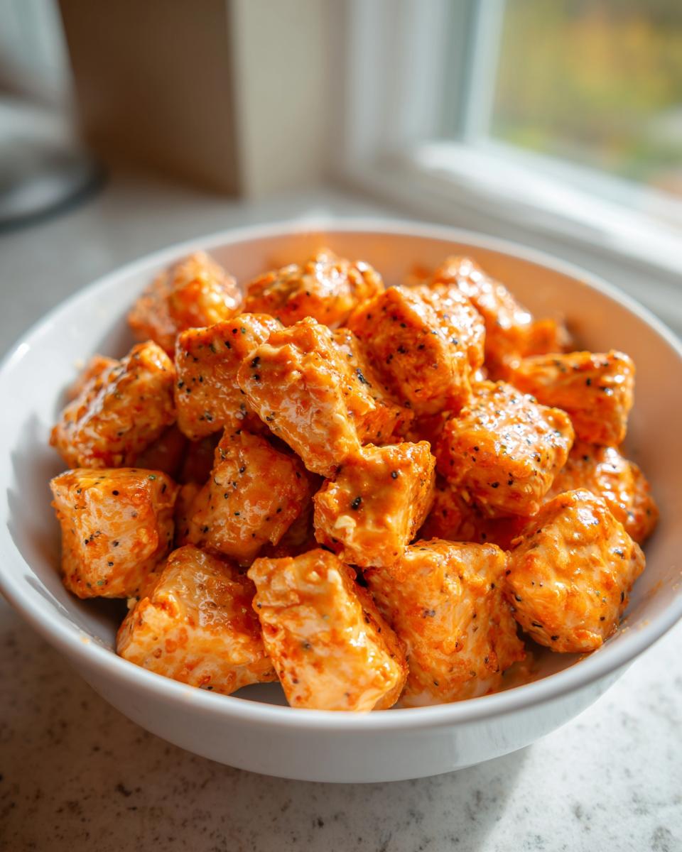 Close-up of bite-sized pieces of salmon coated in orange, creamy bang bang sauce, served in a white bowl.