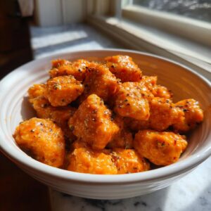 A white bowl filled with bite-sized pieces of salmon coated in a creamy, orange Bang Bang sauce and sprinkled with pepper.