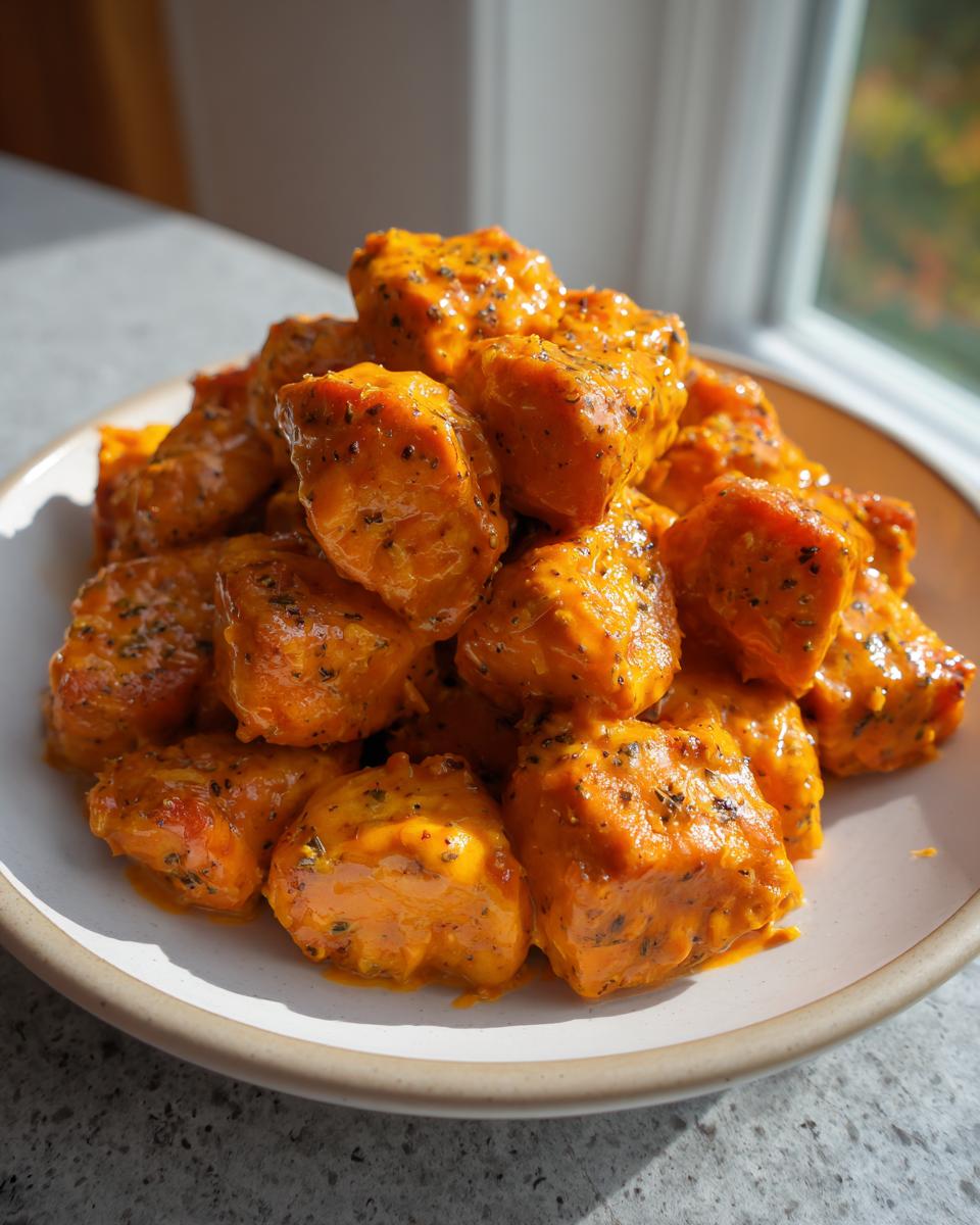A mound of bright orange, saucy bang bang salmon bites, sprinkled with herbs, served on a light ceramic plate.