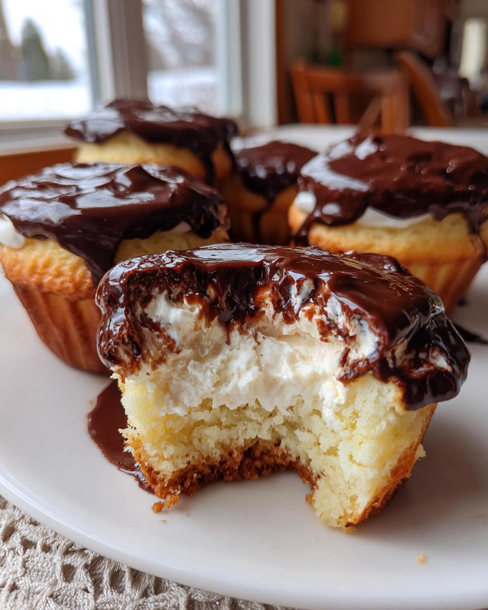A close-up of a bitten boston cream pie cupcake showing vanilla cake, cream filling, and rich chocolate ganache topping.