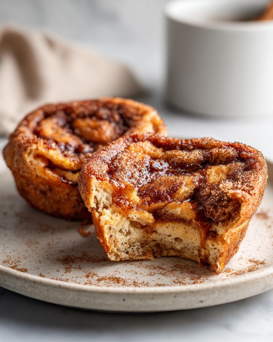 Close-up of two cinnamon-swirled french toast muffins, one with a bite taken out, showing the soft interior.
