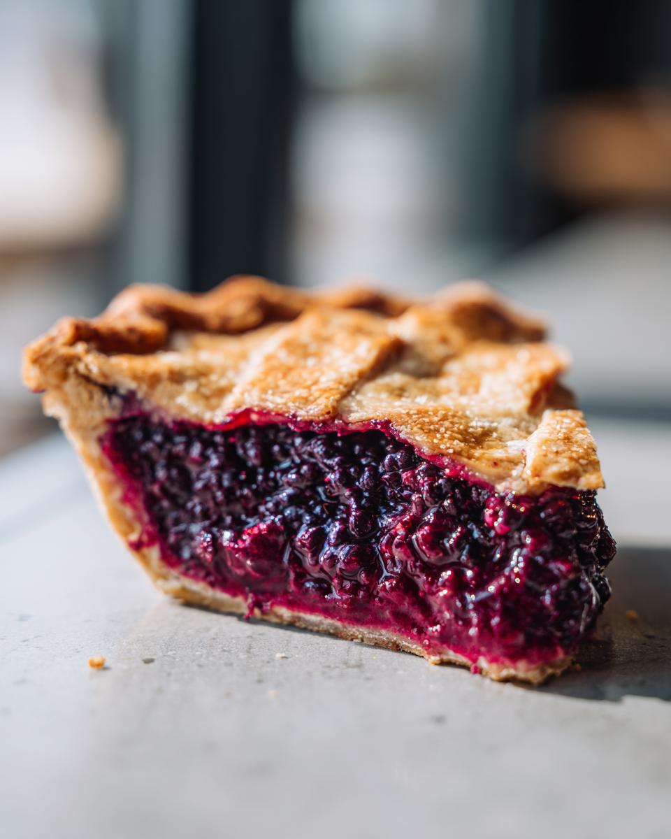 Close-up of a thick slice of blackberry pie showing juicy filling and a golden lattice crust.